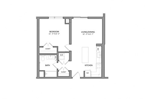 Floor plan for 1 bed, 1 bath, 613 sqft